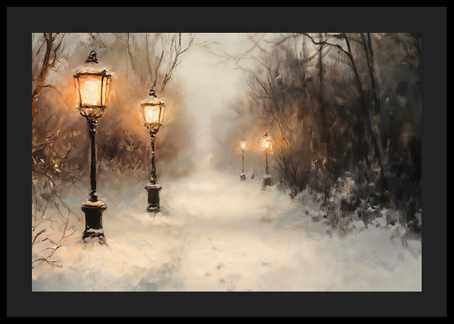 A wintry poster with a snow-covered path lit by old lanterns in a still landscape.-12