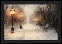 Zimný plagát so zasneženou cestou osvetlenou starými lampášmi v nehybnej krajine.-4