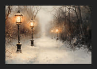 Zimný plagát so zasneženou cestou osvetlenou starými lampášmi v nehybnej krajine.-5