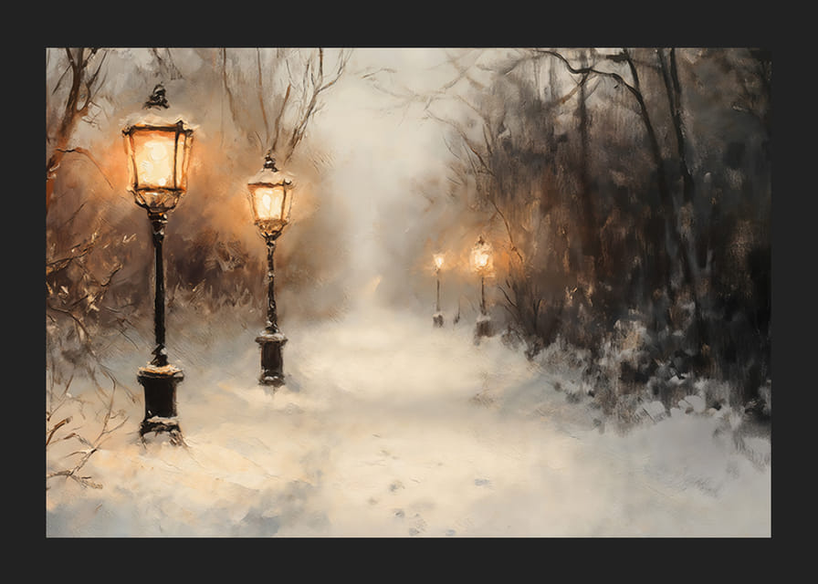 Zimný plagát so zasneženou cestou osvetlenou starými lampášmi v nehybnej krajine.-12