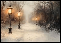 A wintry poster with a snow-covered path lit by old lanterns in a still landscape.-6