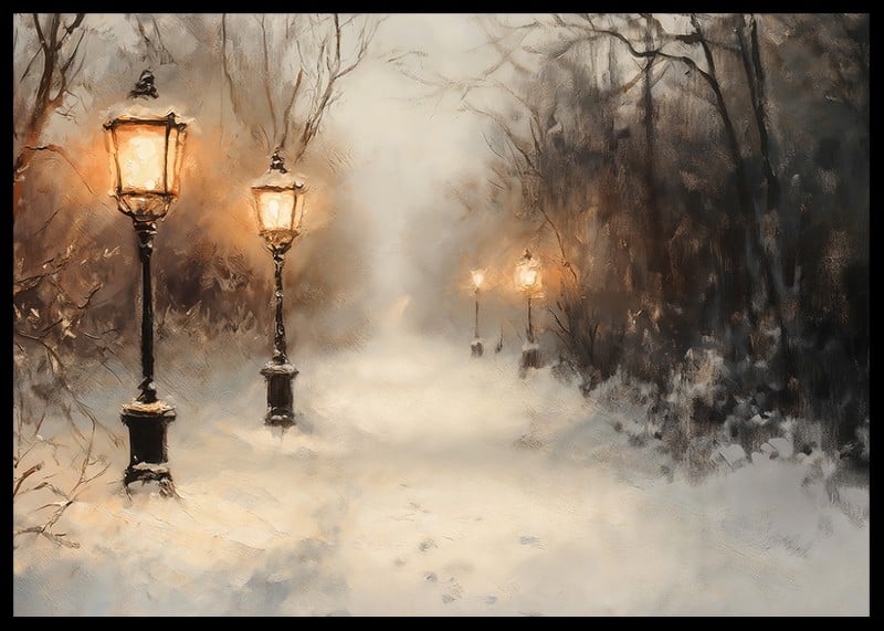 A wintry poster with a snow-covered path lit by old lanterns in a still landscape.-12