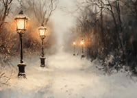 A wintry poster with a snow-covered path lit by old lanterns in a still landscape.-7