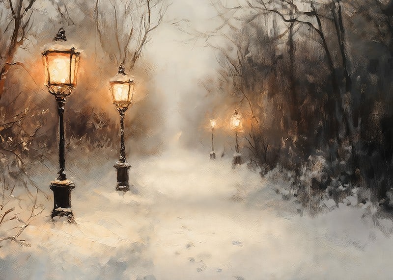 A wintry poster with a snow-covered path lit by old lanterns in a still landscape.-12
