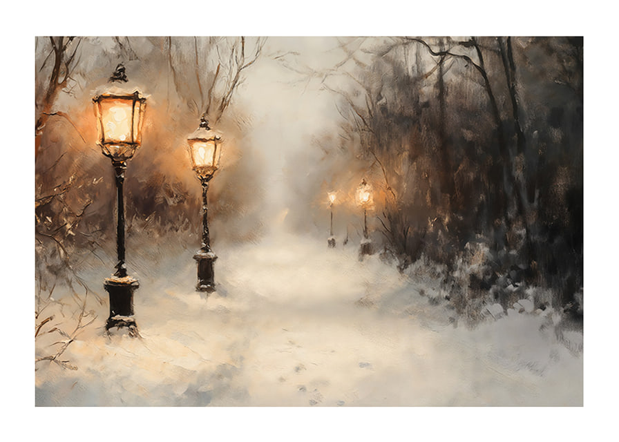 A wintry poster with a snow-covered path lit by old lanterns in a still landscape.-12