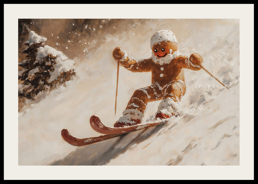 Une affiche de Noël avec un bonhomme en pain d'épice dévalant une colline enneigée.-12