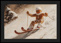 Une affiche de Noël avec un bonhomme en pain d'épice dévalant une colline enneigée.-4