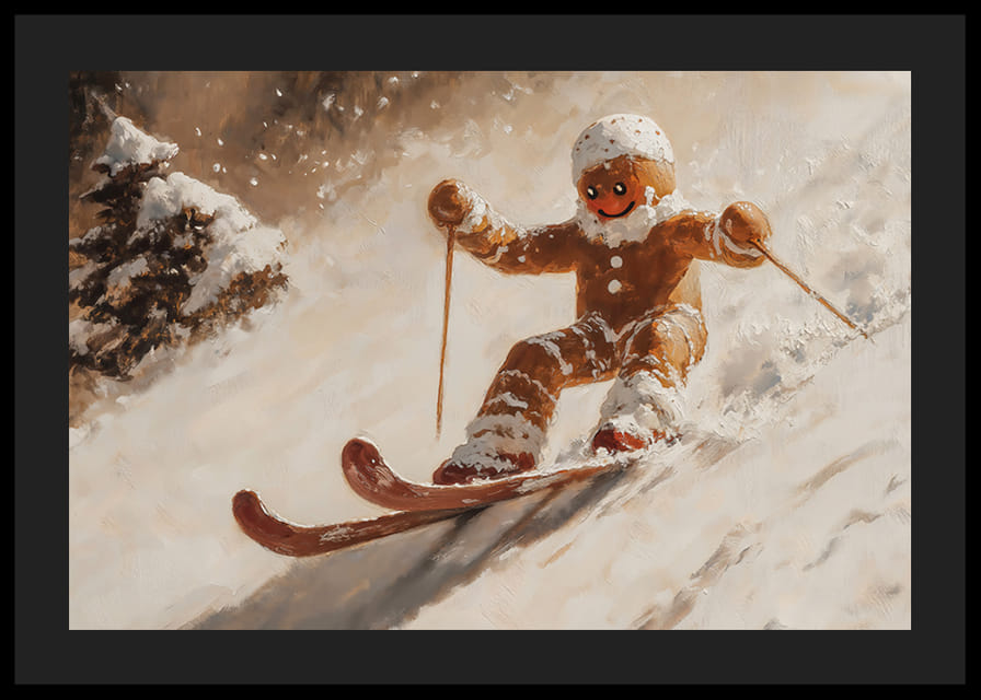 Une affiche de Noël avec un bonhomme en pain d'épice dévalant une colline enneigée.-12