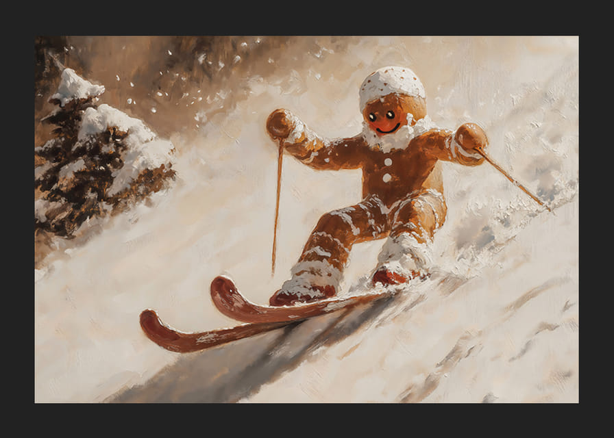 Une affiche de Noël avec un bonhomme en pain d'épice dévalant une colline enneigée.-12