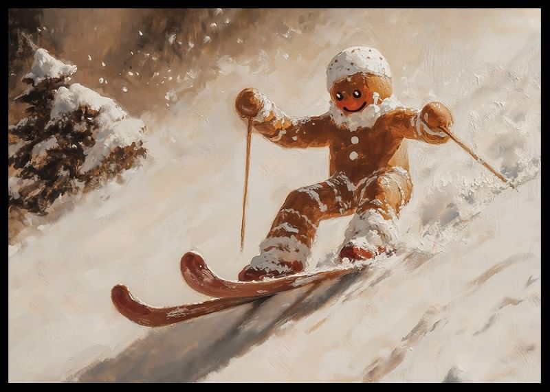 En julposter med en pepparkaksgubbe som skidar nerför en snötäckt backe.-12