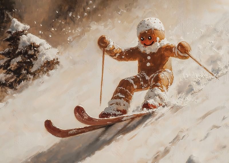 En julposter med en pepparkaksgubbe som skidar nerför en snötäckt backe.-12