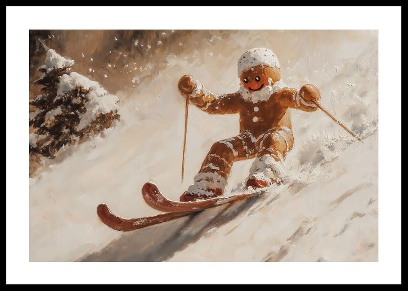 En julposter med en pepparkaksgubbe som skidar nerför en snötäckt backe.-12