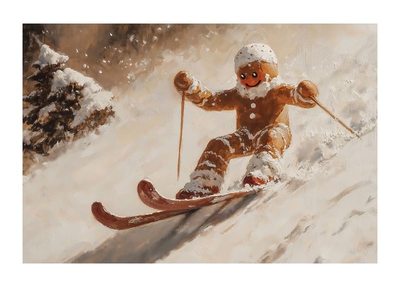 En julposter med en pepparkaksgubbe som skidar nerför en snötäckt backe.-12