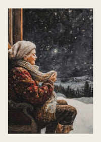 Un póster de invierno en el que aparece una anciana disfrutando de una noche tranquila y estrellada.-3