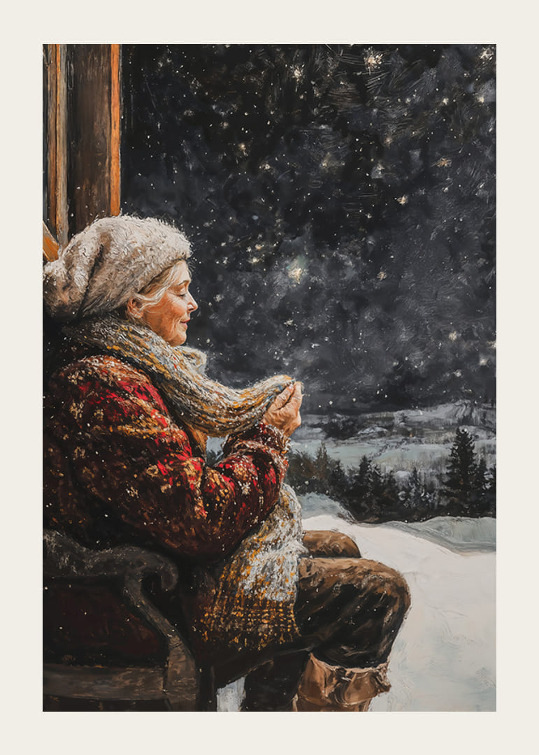 Un póster de invierno en el que aparece una anciana disfrutando de una noche tranquila y estrellada.-12
