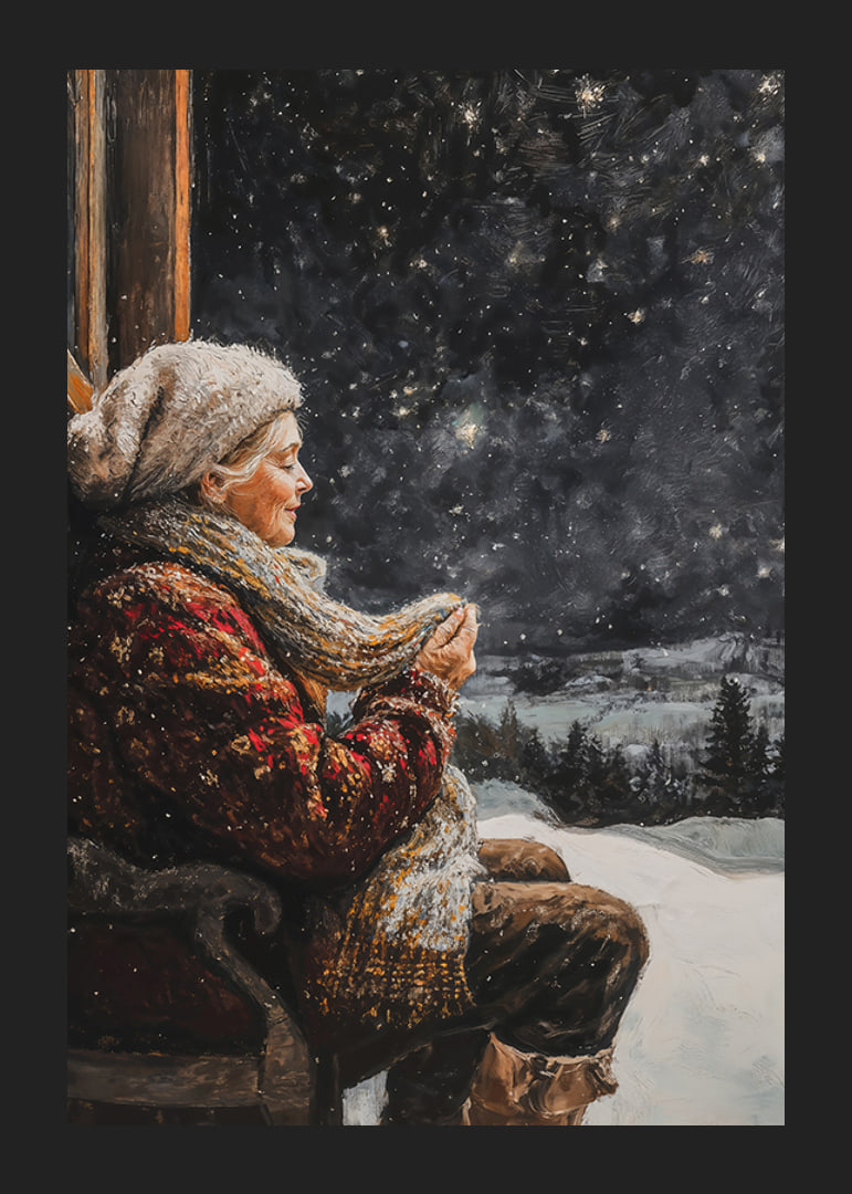 A winter poster featuring an elderly woman enjoying a still, starry night.-12