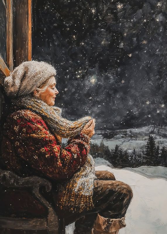 Um cartaz de inverno que mostra uma mulher idosa a desfrutar de uma noite tranquila e estrelada.-12