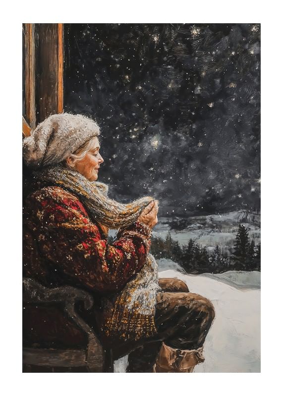 Um cartaz de inverno que mostra uma mulher idosa a desfrutar de uma noite tranquila e estrelada.-12