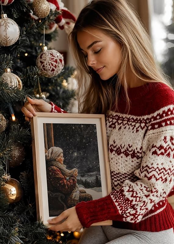 Um cartaz de inverno que mostra uma mulher idosa a desfrutar de uma noite tranquila e estrelada.-12