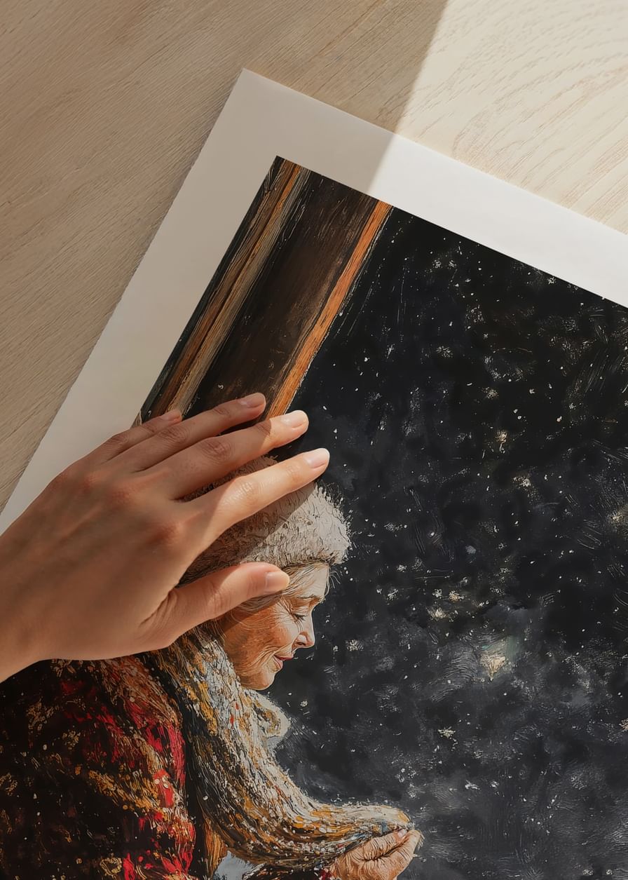 Um cartaz de inverno que mostra uma mulher idosa a desfrutar de uma noite tranquila e estrelada.-12