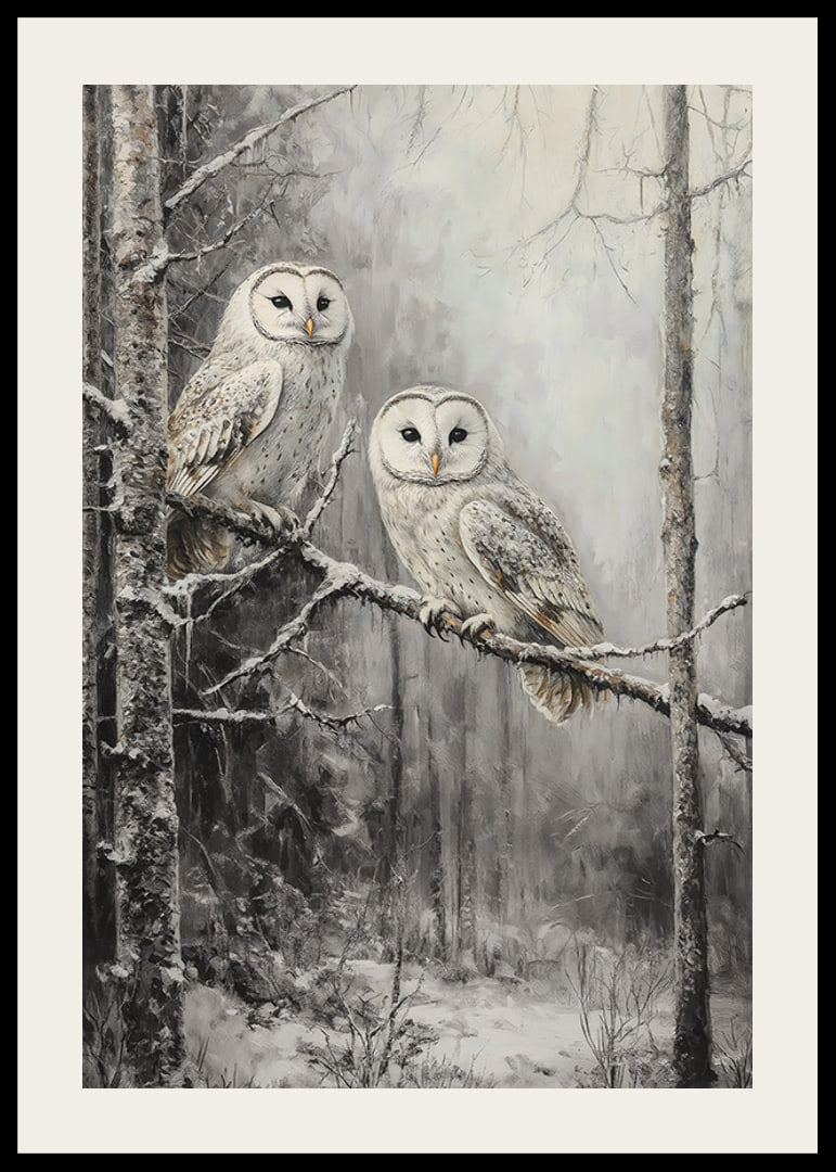 A winter poster with two owls on a snowy branch in a quiet forest.-12