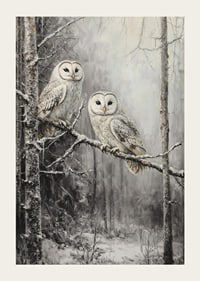 A winter poster with two owls on a snowy branch in a quiet forest.-3