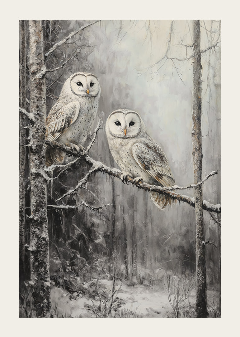 A winter poster with two owls on a snowy branch in a quiet forest.-12
