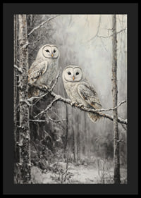 A winter poster with two owls on a snowy branch in a quiet forest.-4