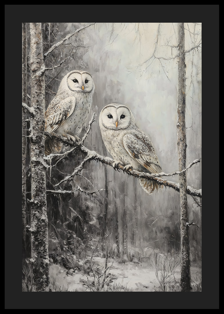 A winter poster with two owls on a snowy branch in a quiet forest.-12