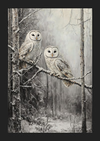 A winter poster with two owls on a snowy branch in a quiet forest.-5