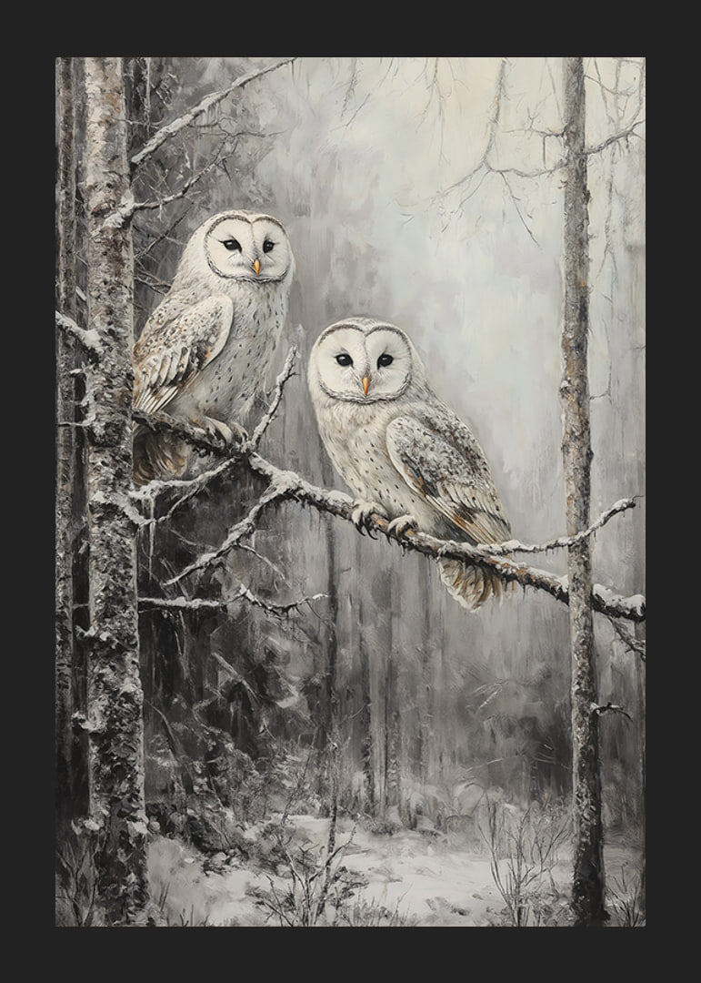 A winter poster with two owls on a snowy branch in a quiet forest.-12