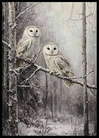 A winter poster with two owls on a snowy branch in a quiet forest.-6