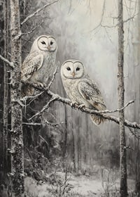 A winter poster with two owls on a snowy branch in a quiet forest.-7