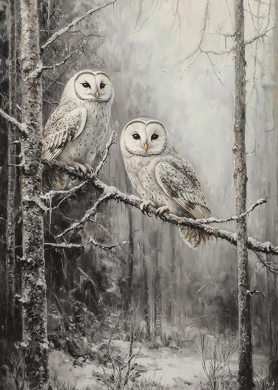 A winter poster with two owls on a snowy branch in a quiet forest.-12