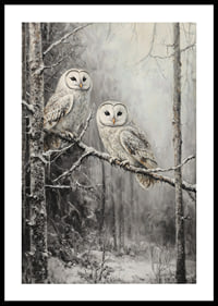 A winter poster with two owls on a snowy branch in a quiet forest.-0
