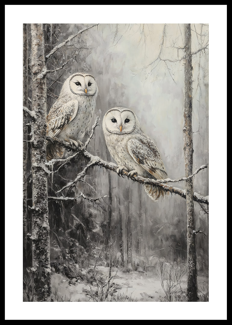A winter poster with two owls on a snowy branch in a quiet forest.-12