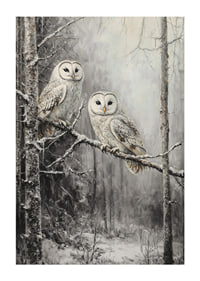 A winter poster with two owls on a snowy branch in a quiet forest.-1