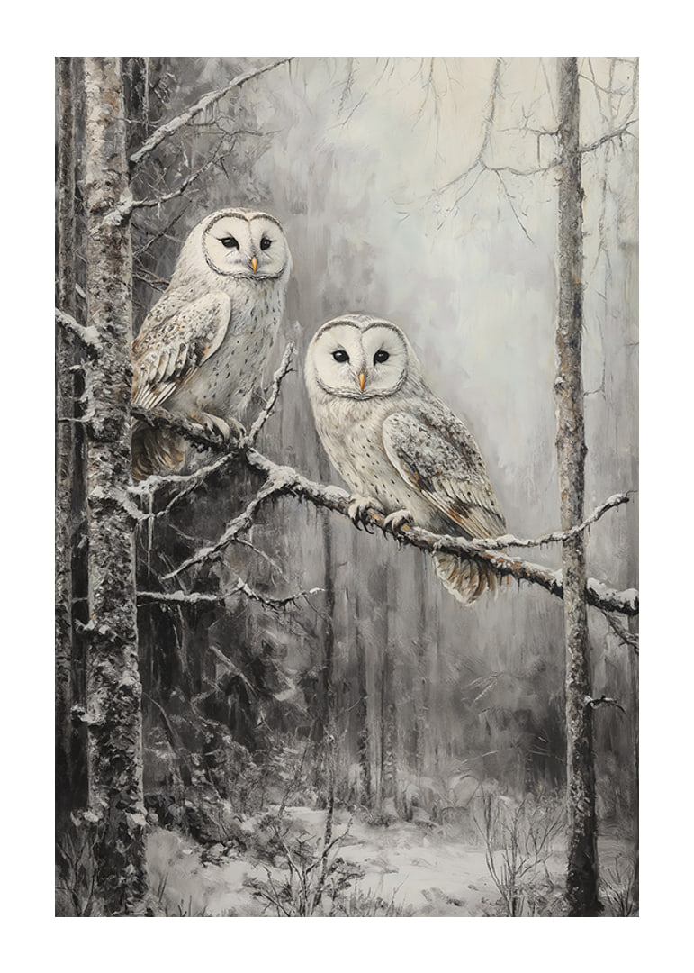 A winter poster with two owls on a snowy branch in a quiet forest.-12