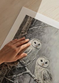 A winter poster with two owls on a snowy branch in a quiet forest.-9