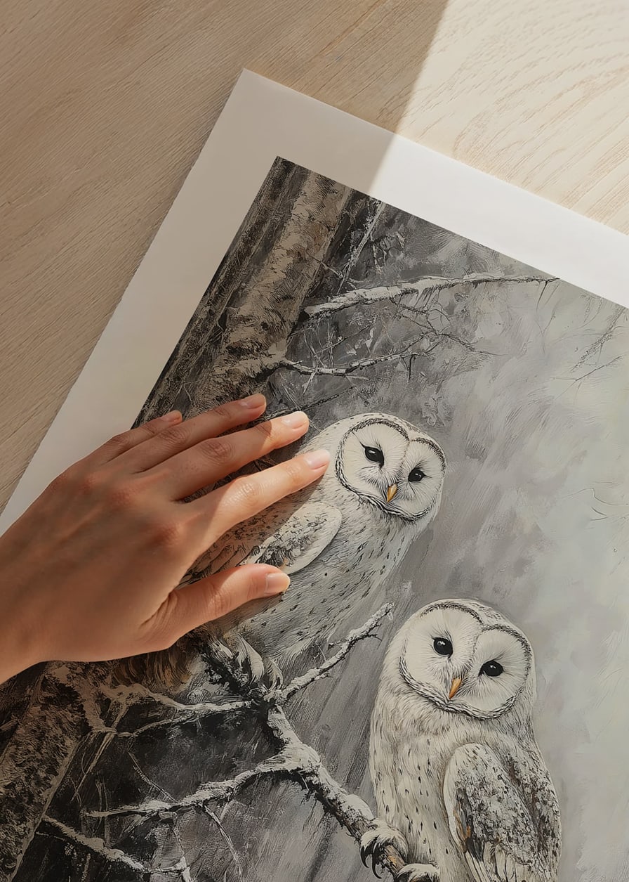 A winter poster with two owls on a snowy branch in a quiet forest.-12