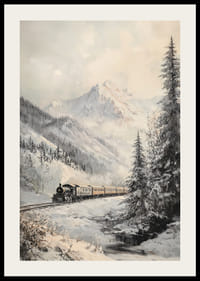 Talvijuliste, jossa höyryjuna kulkee lumisessa vuoristolaaksossa.-2