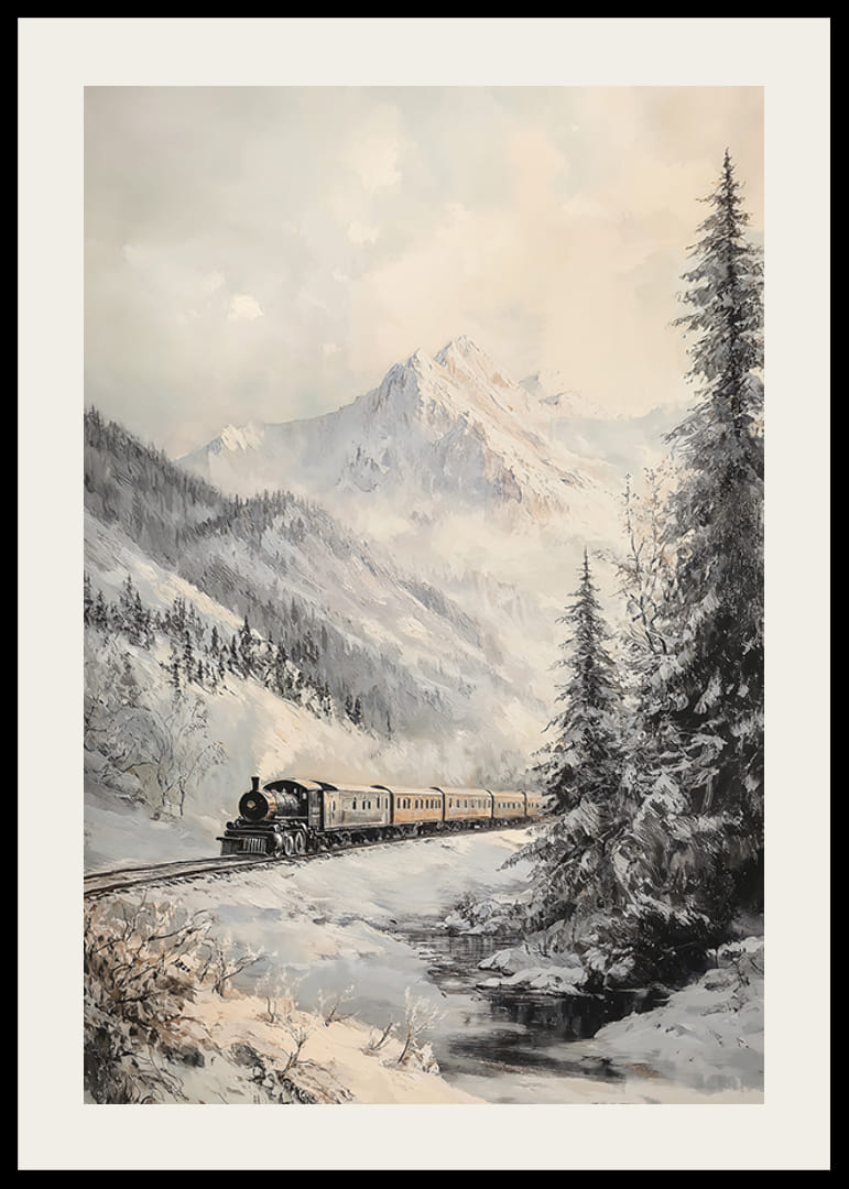 Talvijuliste, jossa höyryjuna kulkee lumisessa vuoristolaaksossa.-12