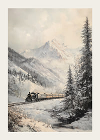 A winter poster featuring a steam train traveling through a snow-covered mountain valley.-3