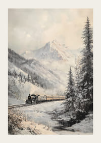 Talvijuliste, jossa höyryjuna kulkee lumisessa vuoristolaaksossa.-3