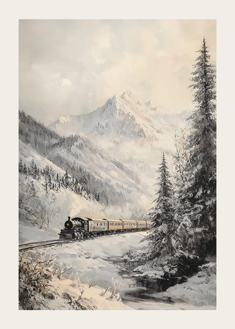 Talvijuliste, jossa höyryjuna kulkee lumisessa vuoristolaaksossa.-12