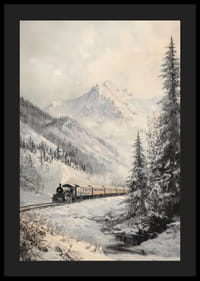 Talvijuliste, jossa höyryjuna kulkee lumisessa vuoristolaaksossa.-4