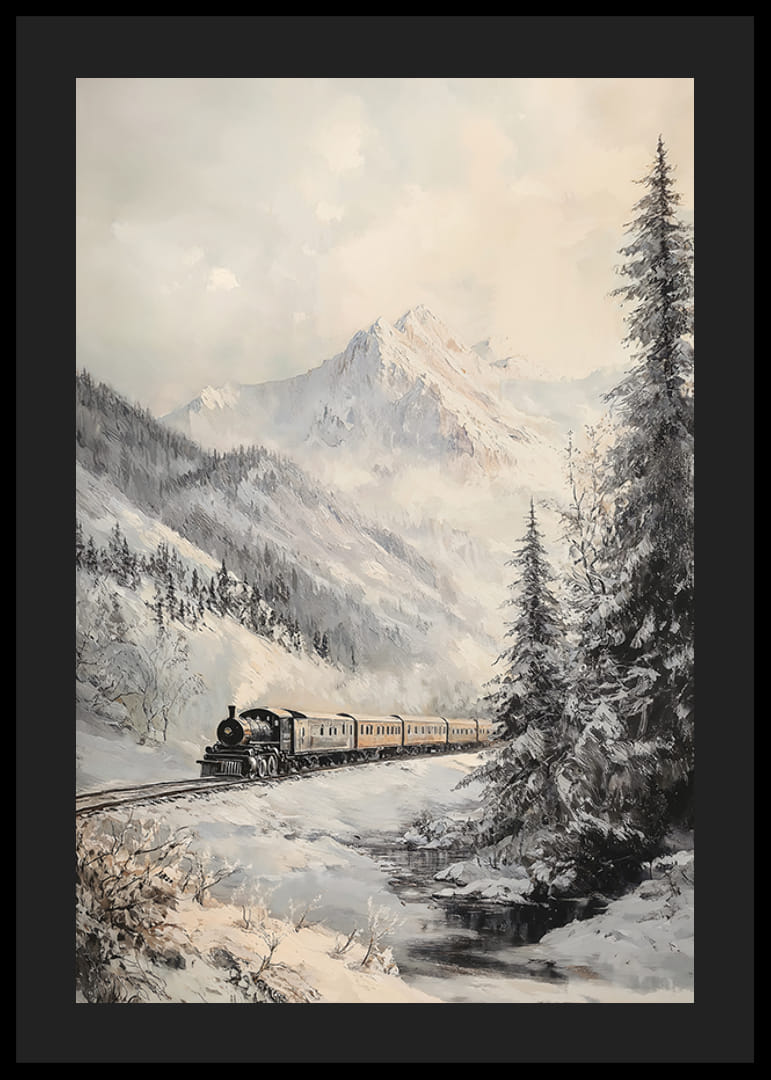 Talvijuliste, jossa höyryjuna kulkee lumisessa vuoristolaaksossa.-12