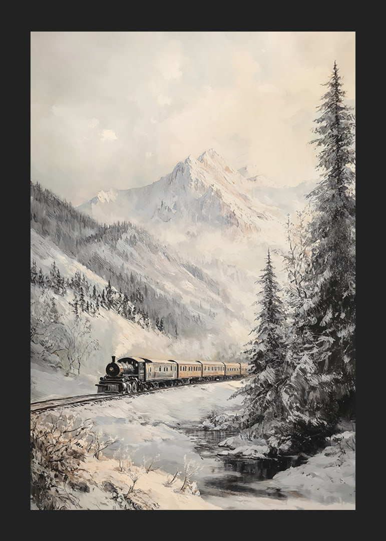 A winter poster featuring a steam train traveling through a snow-covered mountain valley.-12