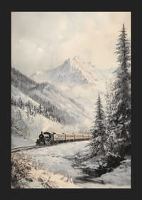 Talvijuliste, jossa höyryjuna kulkee lumisessa vuoristolaaksossa.-5