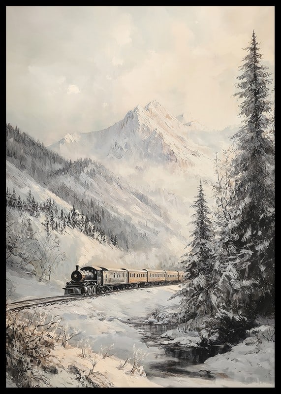 A winter poster featuring a steam train traveling through a snow-covered mountain valley.-12